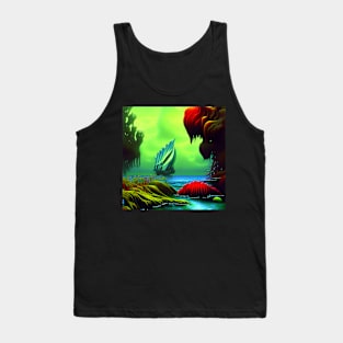 Landscape Painting with Tropical Colorful Plants and boat in the sea, Scenery Nature Tank Top